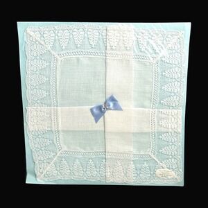 Vintage All Linen Centre White Lace Handkerchief Made in Ireland Blue Bow